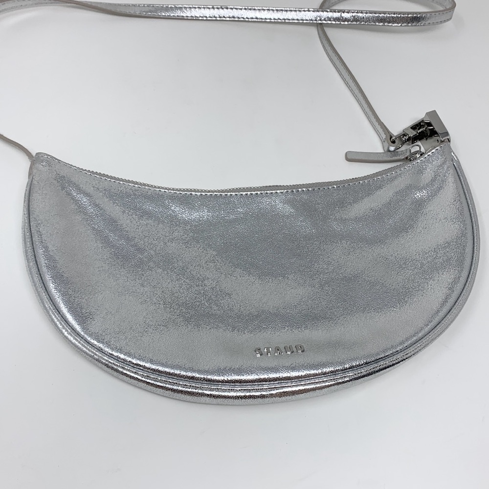 Staud Walker Shoulder Bag Silver Metallic Leather Crescent Half Moon - Picture 5 of 16